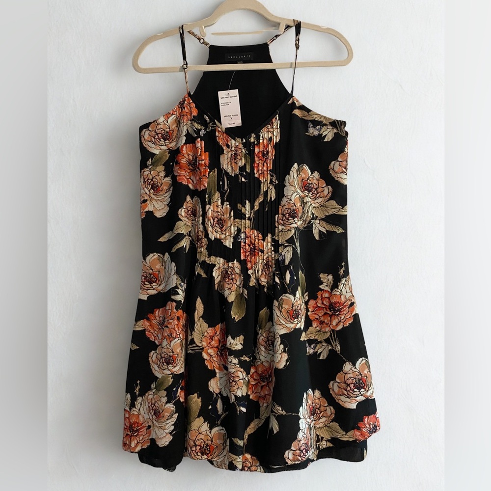 NWT Sanctuary Black Coral Floral Pleated Mini Dress Adjustable Straps Size Small